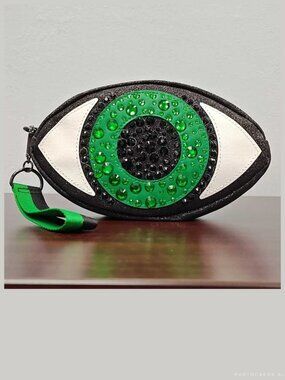 Bath & Body Works EYEBALL CLUTCH Zipper Glitter Rhinestone Wristlet Cosmetic Bag